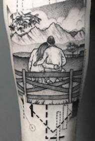 Tattoo me gjemba të zezë dhe gri në krah: model tatuazhi prej 9 krahësh në të zezë dhe gri stil i gjembit