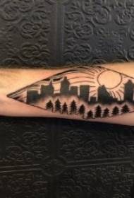 Boys small arms on black gray tattoo pine pattern and building illustration