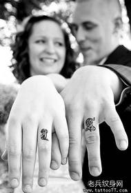 Pāris mīlošu pirkstu pāru veido angļu valodas alfabēta tetovējuma modeļa attēlu attēlojumu