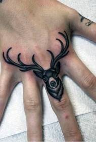 Old school finger elk extended to the back of the hand tattoo