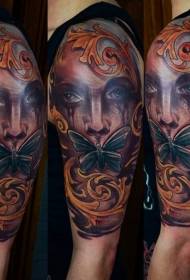 spalvotas pečių drugelis ir verkiančios moters tatuiruotės modelis