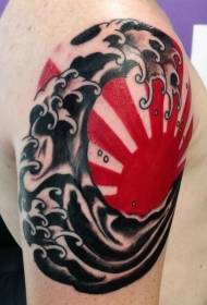 Stor arm asiatisk stil röd sol och spray tatuering mönster