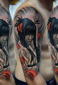 Male big arm realistic style colorful Asian female warrior tattoo pattern