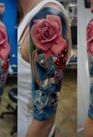 skulder vakker farget rose med diamant tatovering mønster