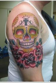 calavera mexicana color hombro con estampado de tatuaje rosa