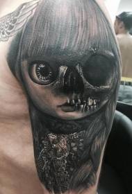 patrón de tatuaxe de boneca media esqueleto negro gris