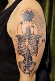 Patrón de tatuaje de flor de esqueleto humano negro de estilo científico de brazo grande