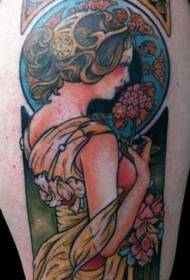 Vintage mujer pintando como patrón de tatuaje de hombro de color