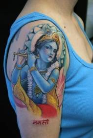 tatuaje de frauta de deus bonito de cor ombreiro