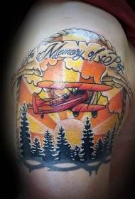 ramena boja ilustracija stil šuma i avion tetovaža