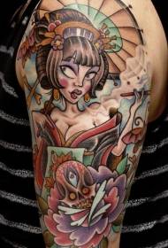 spalle comic stile di fumà fume di geisha è tatuaggi di fiori