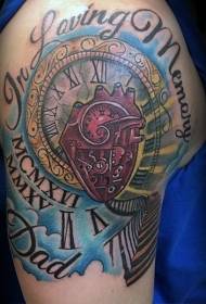 рамо илустрација стил во боја, часовник со шема на срцето тетоважа