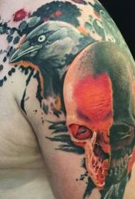 Shoulder Colour Crow with Human Skull Tattoo Patroon