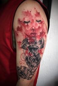 Original mysterious colored mechanical tattoo pattern on the shoulder