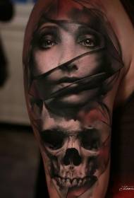 shoulder funny color mysterious woman with skull tattoo pattern