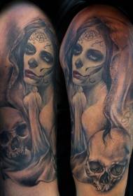 shoulder brown Mexican traditional color women portrait tattoo