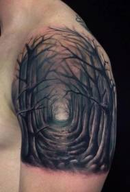 model de tatuaj de traseu pădure negru umăr