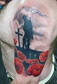 personaggio di monumento di guerra colore spalla con tatuaggio floreale