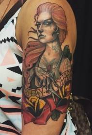 shoulder new school style flower with woman tattoo pattern