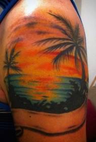 Рамена боја минималистички дизајн романтичен остров шема на тетоважа зајдисонце