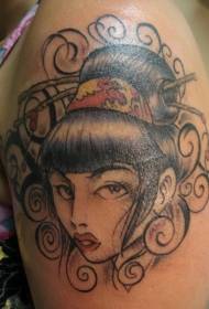 Patrón de tatuaxe de retrato de asiática de pequena muller de cor brazo grande