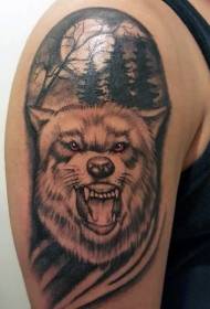 lobo marrón de ombreiro Patrón de tatuaxe no bosque escuro