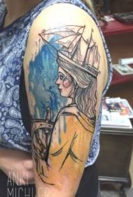 Sketch color shoulder tattoo for women with sailing tattoo pattern