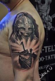 肩黑色棕色中世紀戰士與船紋身