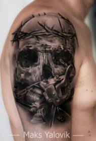 male shoulder black gray human skull tattoo pattern
