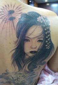 Rov qab Asian style tu siab geisha tattoo qauv