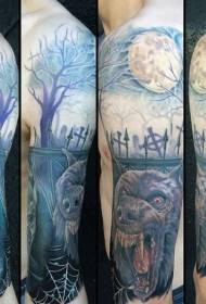 New School Style Cemetery with Werewolf Shoulder Color Tattoo Pattern