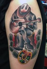 Pečių spalvos kaubojus, grojantis gitaros tatuiruotės modeliu