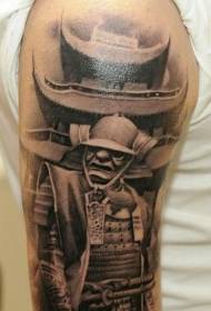 Big Arm Black Grey Samurai kombinerar asiatiska arkitektoniska tatueringsdesigner