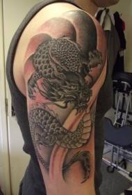 Patrón de tatuaje de dragón de fantasía en branco e negro de estilo asiático