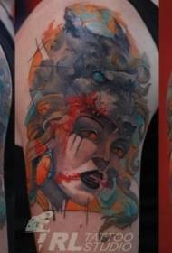 váll akvarell stílusú titokzatos nő portré tetoválás minta