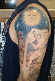rame skrivnostno polbarvano sonce in Vodnarjev simbol tatoo