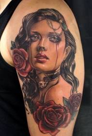 pečių puošnus puošnus verkiančios moters portreto tatuiruotė
