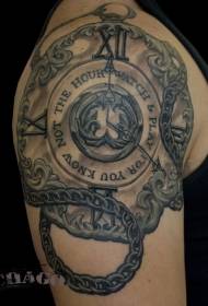 Amazing black-gray old watch shoulder tattoo pattern