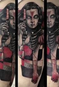 vlekachtige stijl mysterieuze vrouw bloedige mes tattoo foto