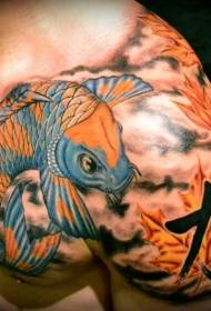 Klatka piersiowa w stylu azjatyckim w kolorze kalmarów z liśćmi Chiński wzór tatuażu