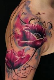 肩の中国風水色の大きな花のタトゥー画像