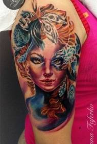 máscara de ombro cor feminina e flor tatuagem padrão