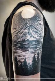 modello di tatuaggio di montagna e lago spalla stile bianco e nero di incisione