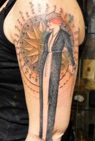 vintage färg kvinna med kompass tatuering bild