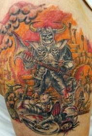 Színes koponya harcos tetoválás minta a vállán