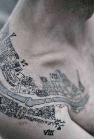 Plonas, spalvingas miesto žemėlapis, tatuiruotės raštas ant pečių