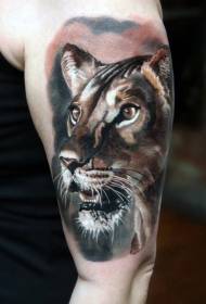 immagine realistica del tatuaggio del ritratto della leonessa di colore della spalla