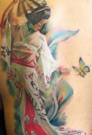 Esquena flors de geisha multicolor i patró de tatuatge de papallona