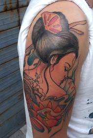 Classical oil painting geisha playing card big arm tattoo pattern