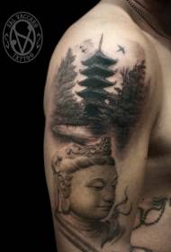 Modello del tatuaggio della statua e del tempio di Buddha in bianco e nero a tema asiatico del grande braccio